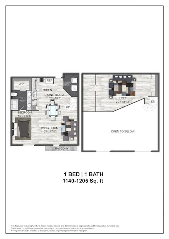 A floor plan for a 1 bedroom 1 bath apartment.