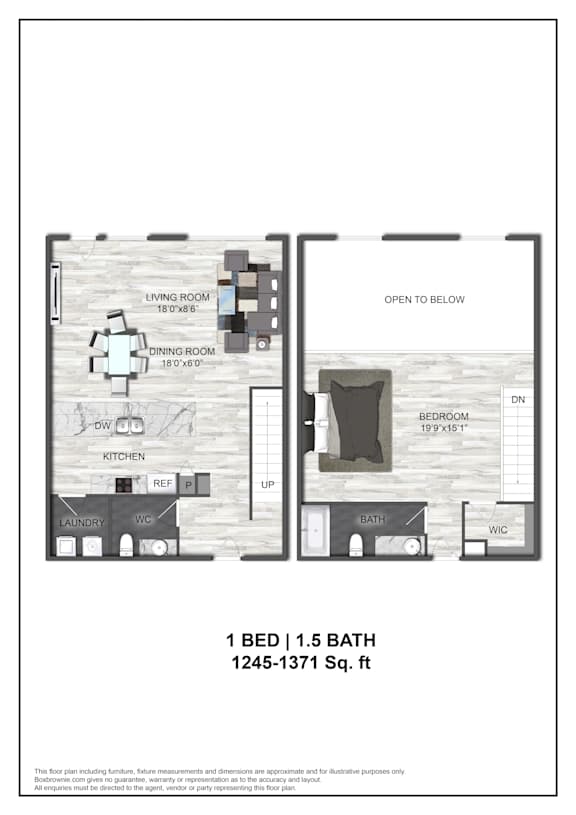 A floor plan of a one bedroom, one bathroom apartment.