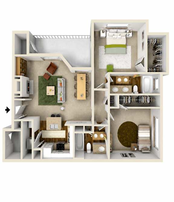 A 3D floor plan of a house with a kitchen, living room, and bedrooms.