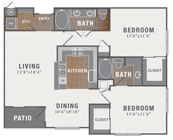 A diagram of a house layout with a living room, kitchen, dining room, and two bedrooms.