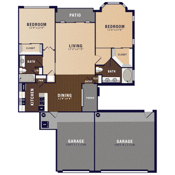 Floor Plan  A floor plan of a two-bedroom apartment with a living room, dining area, kitchen, two garages, and a patio.