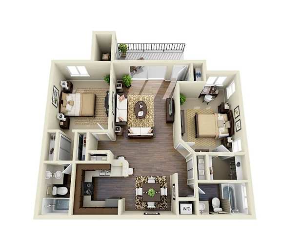 Floor Plan  A top-down view of a two-story house with a living room, dining room, kitchen, and bedrooms.