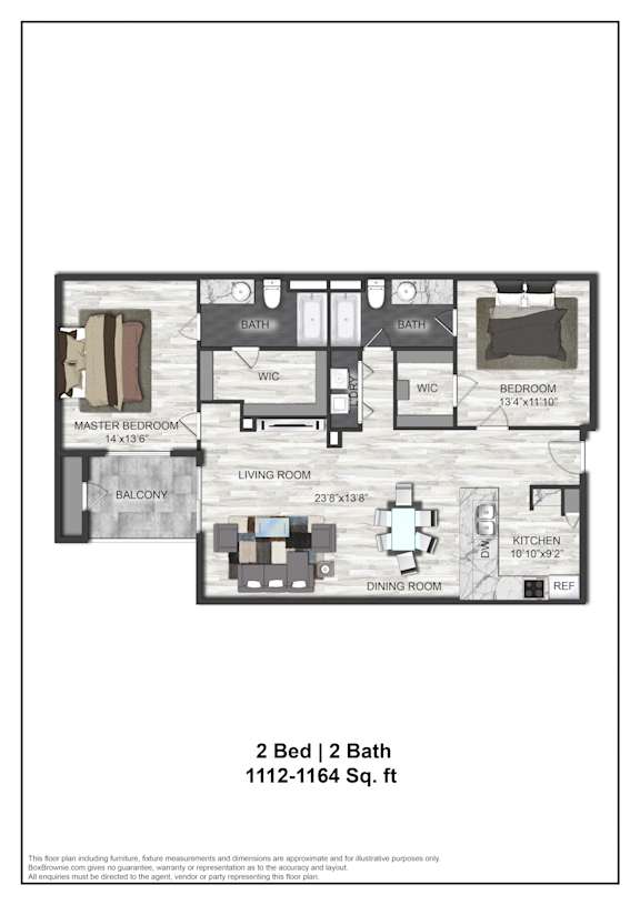 A floor plan of a 2 Bed 2 Bath apartment.