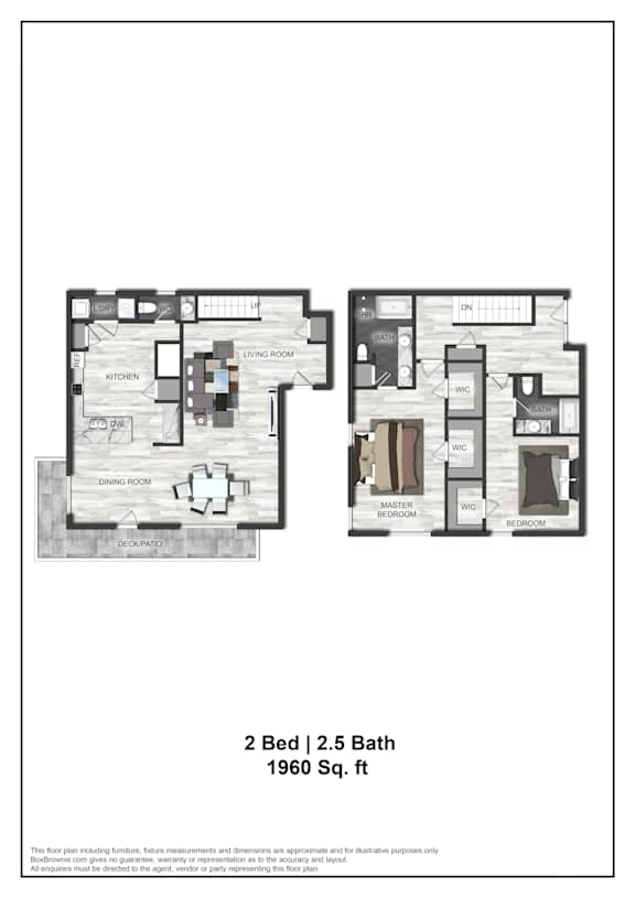 A floor plan of a 2 bedroom, 2.5 bath 1960 sq. ft. property.