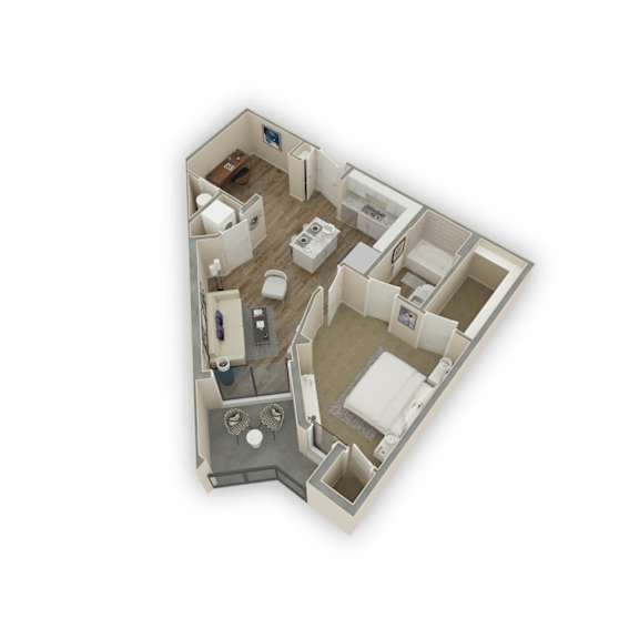 A 3D image of a house layout with a kitchen, living room, and bathroom.