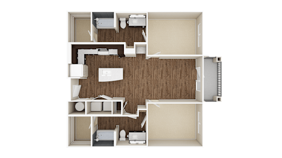 A top-down view of a house layout with a kitchen, living room, and bathroom.
