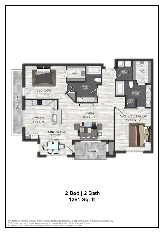 A floor plan of a 2 Bed 2 Bath 1261 Sq.ft.
