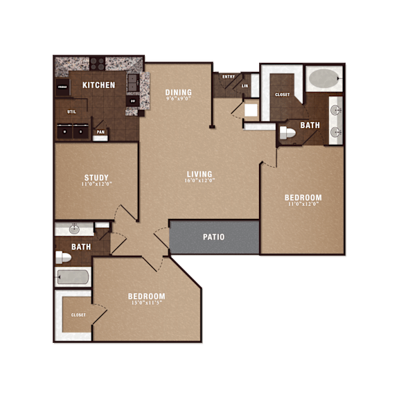 A floor plan of a house with a kitchen, dining room, living room, two bedrooms, a study, a bathroom, and a patio.