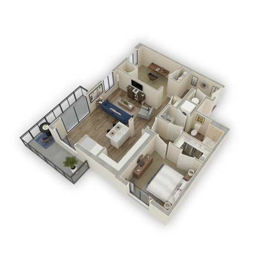 A 3D floor plan of a small apartment with a kitchen, living room, and bathroom.