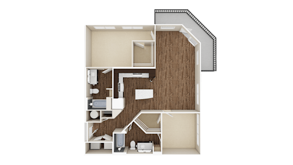 A drawing of a house with a kitchen and living room.