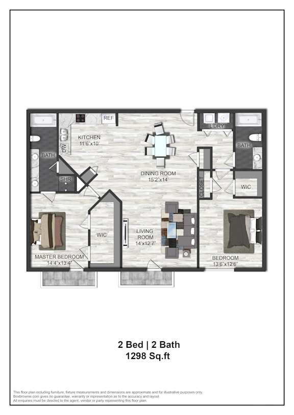 A floor plan of a 2 bedroom, 2 bath house.