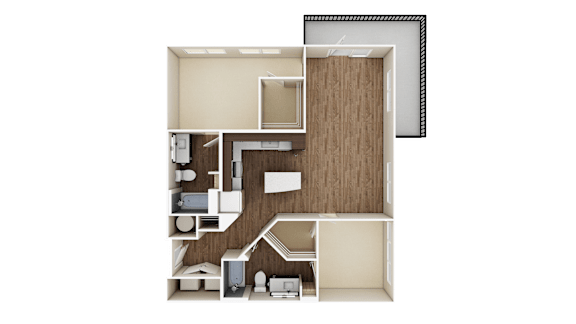 A 3D rendered image of a house layout.