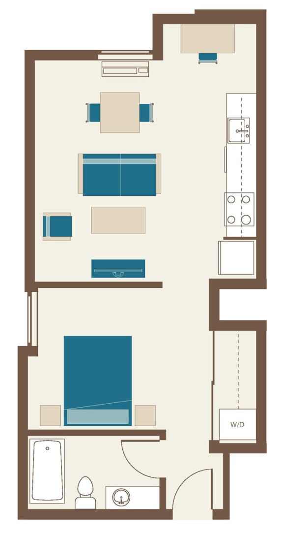 Floorplan-One Bedroom Loft B5- Loft with courtyard, corner windows, and desk alcove