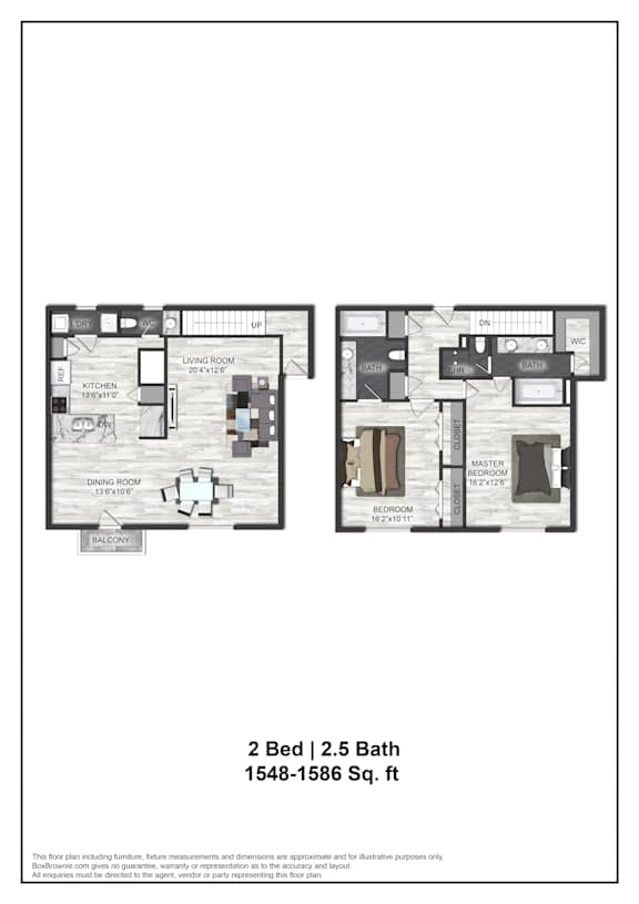 A floor plan of a 2 bedroom, 2.5 bath house.