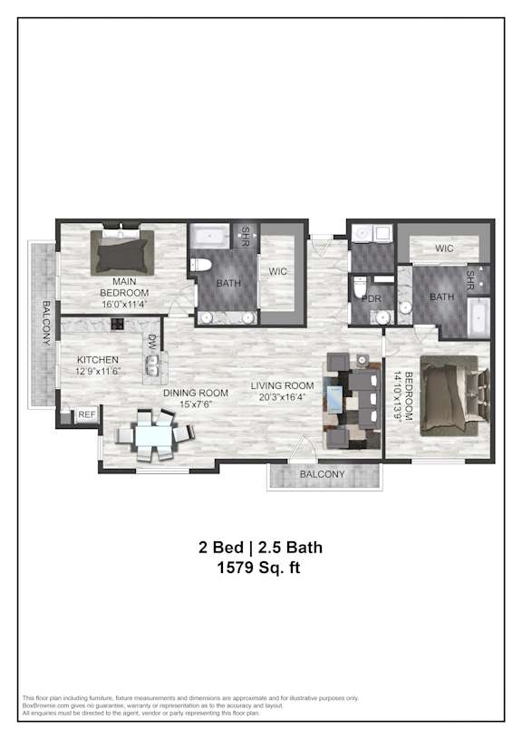 Floor Plan  A floor plan of a 2 bedroom, 2.5 bath home that is 1579 sq. ft.