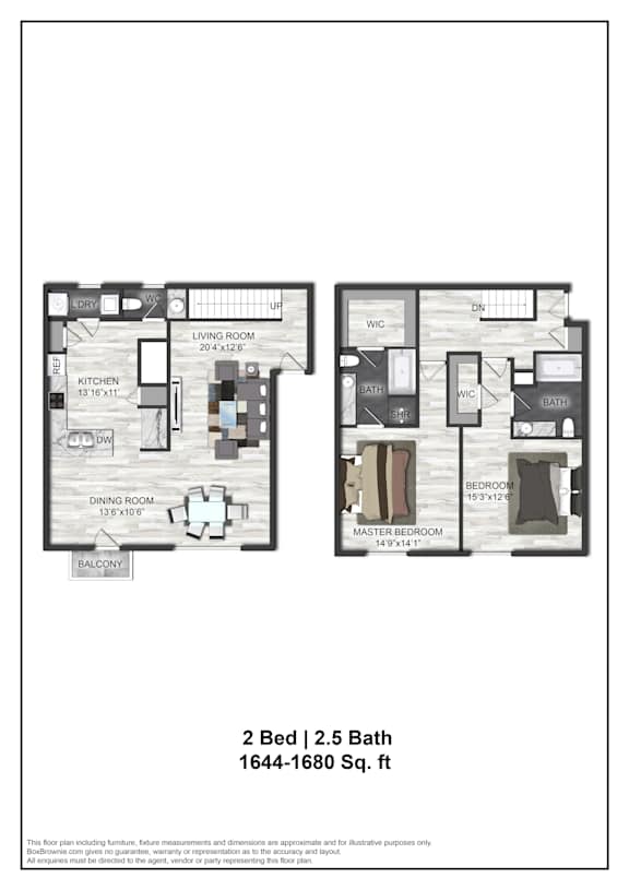 A floor plan for a 2 bedroom, 2.5 bath home.