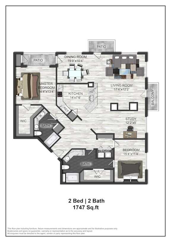 A floor plan of a two bedroom, two bath apartment.