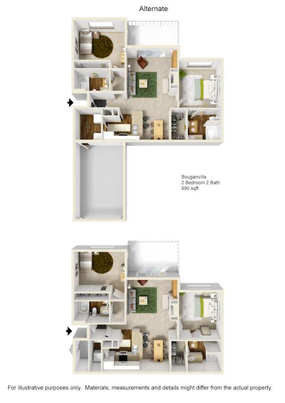 Floor Plan  A diagram of an apartment layout with two bedrooms and a bathroom.