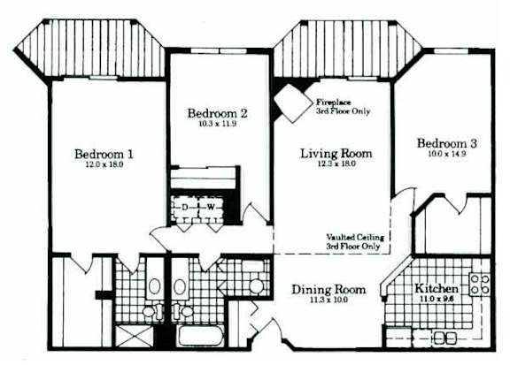 A black and white image of a house floor plan with three bedrooms, a living room, a dining room, a kitchen, and a fireplace.