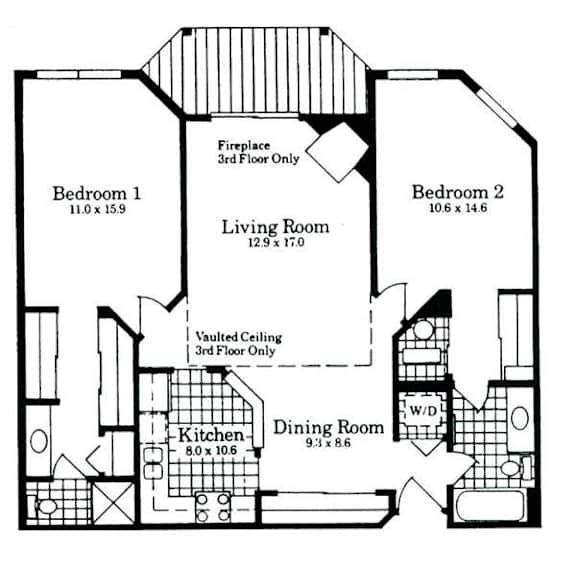 A black and white image of a floor plan for a house with two bedrooms, a living room, a dining room, a kitchen, and a vaulted ceiling on the third floor.