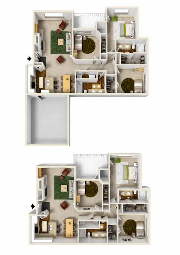 A floor plan of a two-story residential building with a kitchen, living room, bedrooms, and bathrooms.