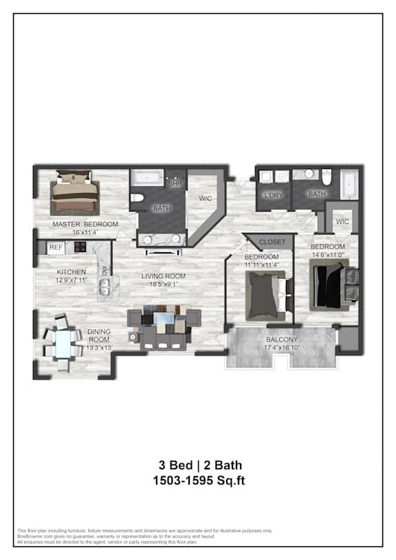 A floor plan of a 3 Bedroom, 2 Bathroom apartment.