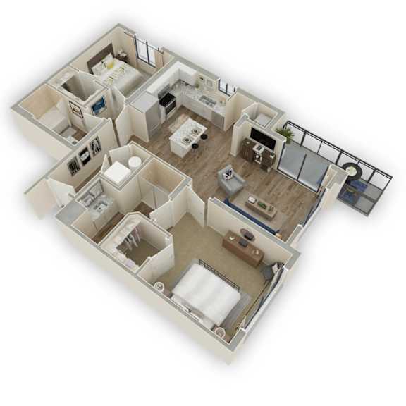 A 3D floor plan of a house with multiple rooms and furniture.