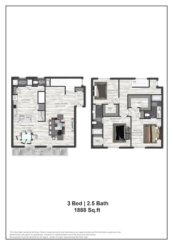 A floor plan for a 3 Bedroom, 2.5 Bath home.
