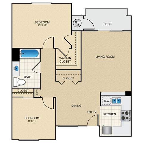 2 bed 1 bath B floorplan