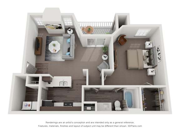 Floor Plan  A 3D floor plan of a house with a kitchen, living room, and bathroom at Canyon Ridge, Austin, 78753