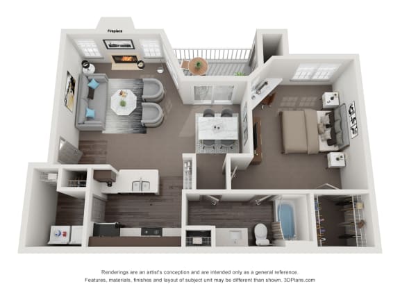 A 3D floor plan of a house with a kitchen, living room, and bathroom at Canyon Ridge, Austin, 78753