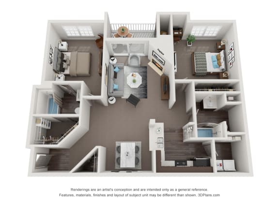 Floor Plan  A 3D floor plan of a house with a kitchen, living room, and bathrooms at Canyon Ridge, Austin