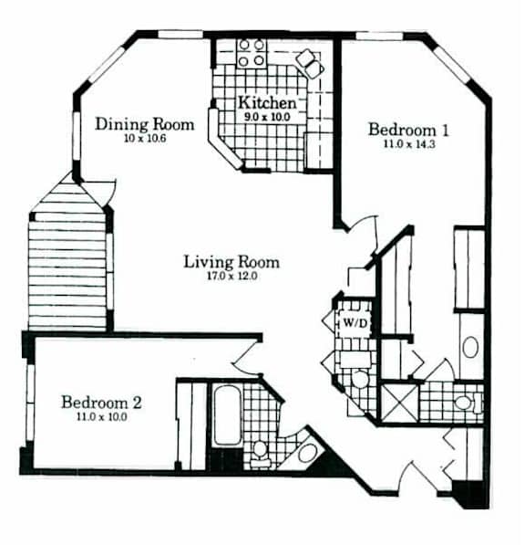 A black and white image of a house floor plan with a kitchen, dining room, living room, and two bedrooms.