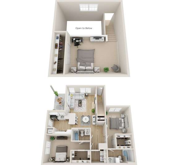 A 3D floor plan of a small apartment with a living room, kitchen, and bedroom.