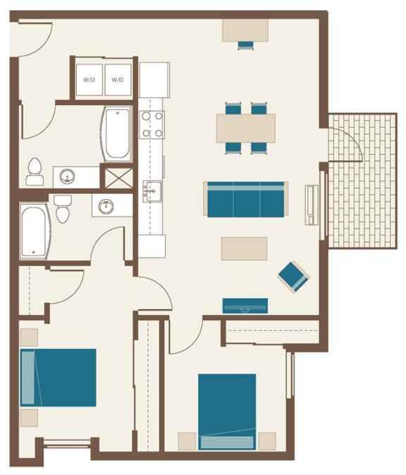 Floorplan-Two bedroom with patio with 11' ceilings-Two Bedroom D1