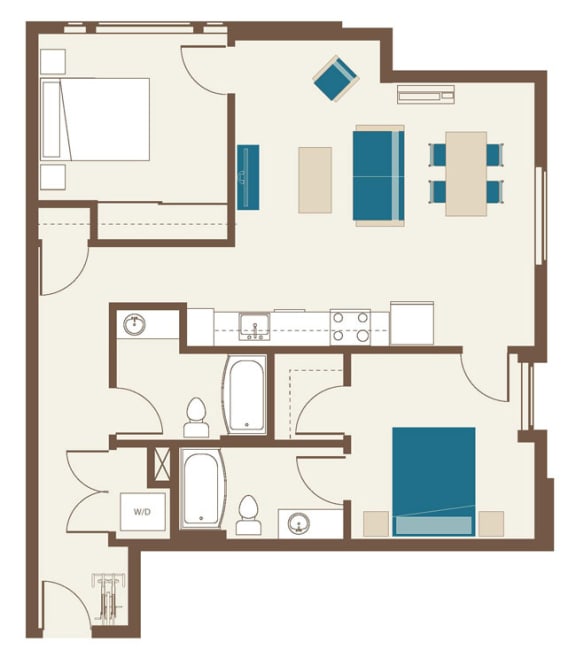 Floorplan-Two Bedroom D2-Two bedroom two bath with walk-in closet and a variety of views and exposures