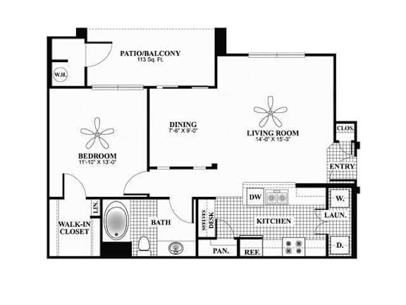Floor Plan  A floor plan of a home with a living room, dining room, kitchen, and bathroom.