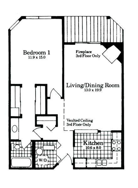 A drawing of a floor plan for a house with a living room, kitchen, and two bedrooms.