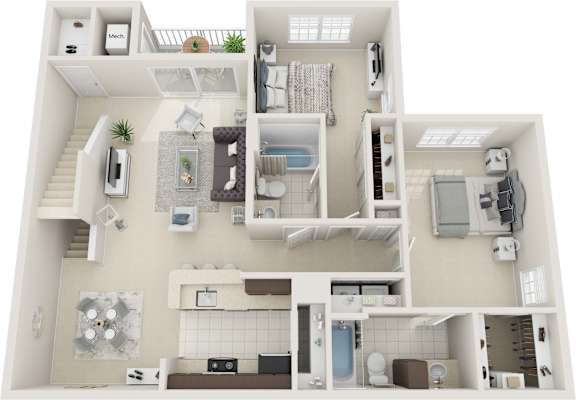 A 3D floor plan of a house with a kitchen, living room, and bathroom.
