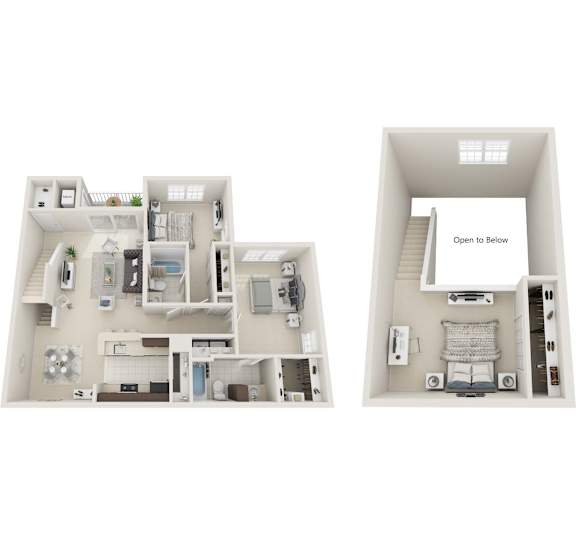 A diagram of a house layout with two sections, one open to the other.