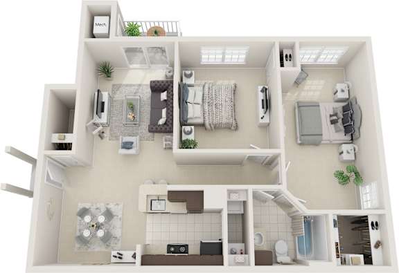A 3D floor plan of a small apartment with a kitchen, living room, and bathroom.