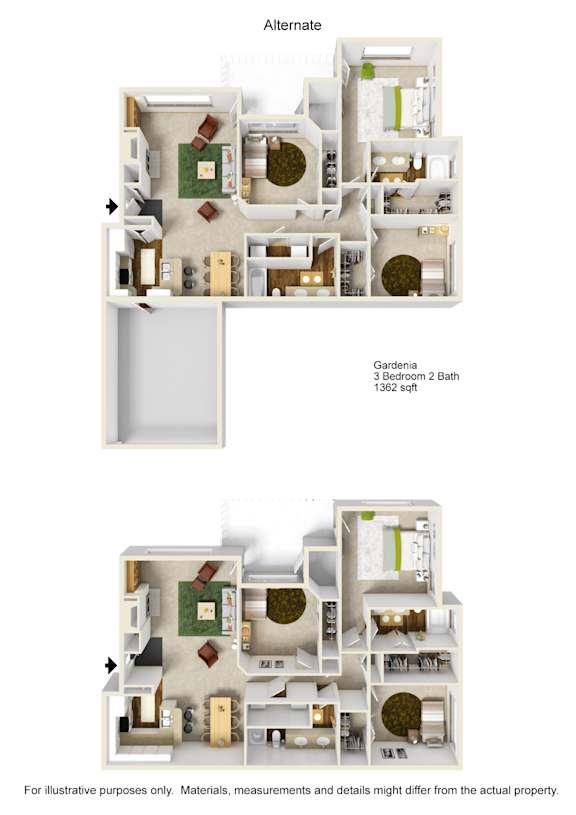 A diagram of an alternate garden floor plan for a 3 bedroom, 2 bath property.