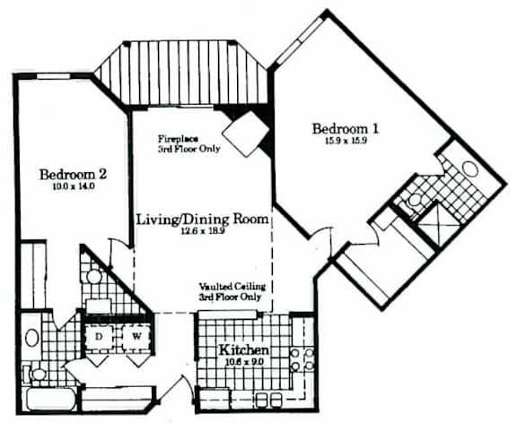 A black and white image of a floor plan for a house with two bedrooms, a living/dining room, a kitchen, and a vaulted ceiling 3rd floor only.
