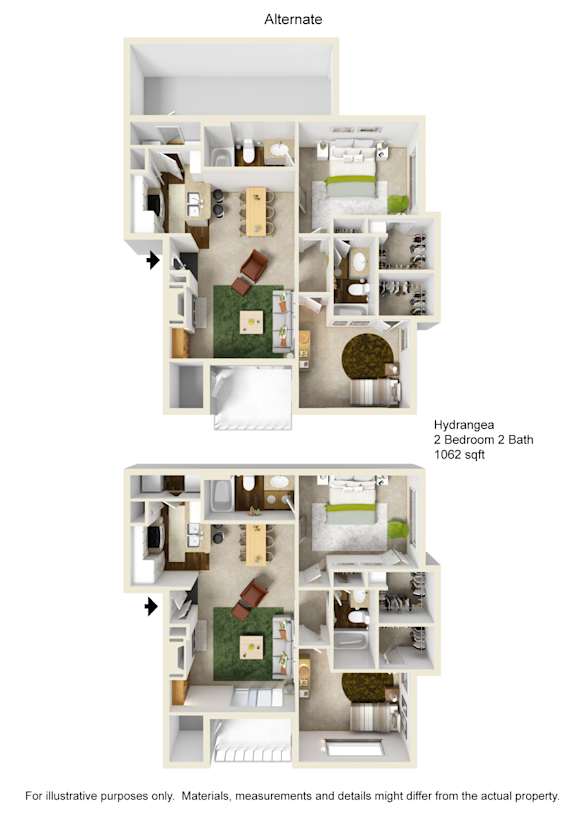 A diagram of a Hydrangea apartment with two bedrooms and two bathrooms.