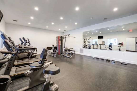 A gym with treadmills, exercise bikes, and other equipment.