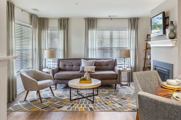 A living room with a grey couch, a coffee table, and a fireplace.