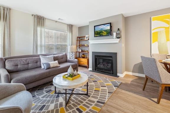 A living room with a grey couch, a coffee table, a fireplace, and a painting on the wall.