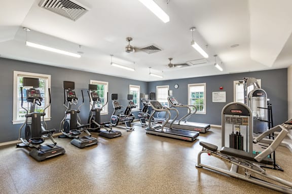 A gym with treadmills, elliptical machines, and other exercise equipment.