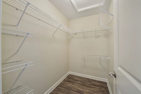 A walk-in closet with shelving and a skylight.