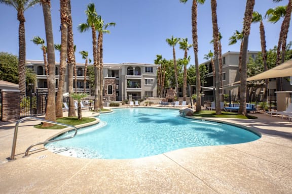 A large swimming pool surrounded by palm trees and apartment buildings.